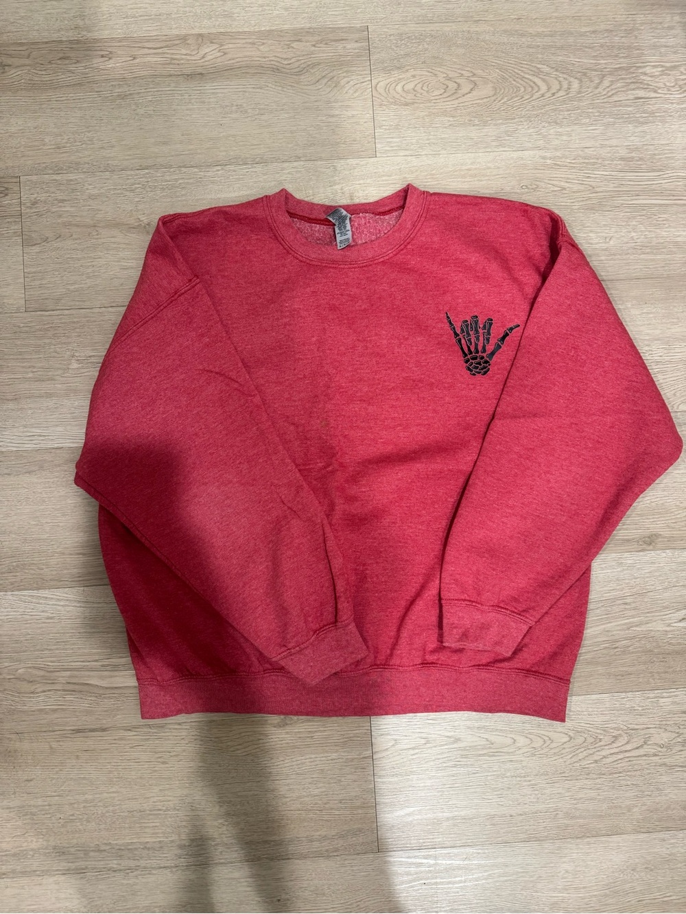 Etsy Red/Pink Crewneck Sweatshirt with Black Skeleton Hand Graphic